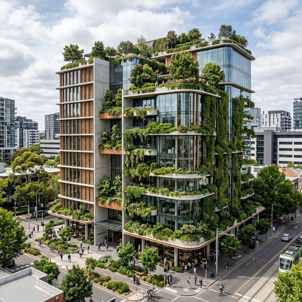Modern sustainable urban building with green walls and rooftop gardens, representing the future of eco-conscious city development